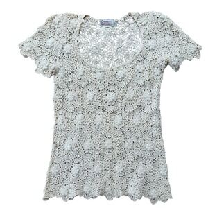 70s SK Imports Vintage Handmade Crochet Flower Top Boho Hippie Large Cream